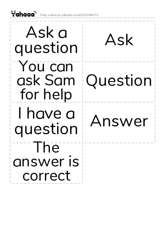 Word flashcards worksheet for Ask a question, Ask, You can ask Sam for help and 4 more