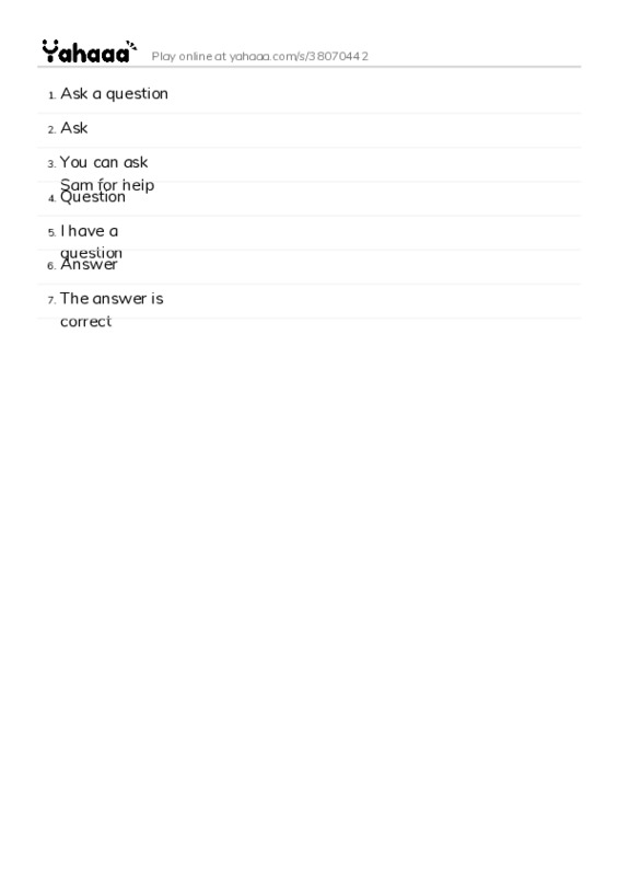Word list with meanings worksheet for Ask a question, Ask, You can ask Sam for help and 4 more