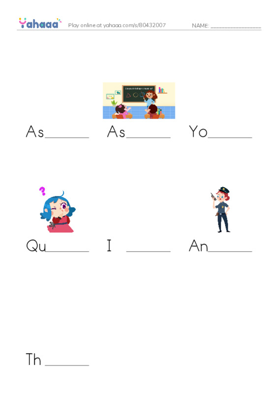 Finish the word worksheet for Ask a question, Ask, You can ask Sam for help and 4 more