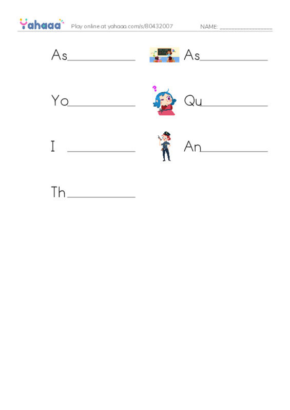 Write the word rows worksheet for Ask a question, Ask, You can ask Sam for help and 4 more
