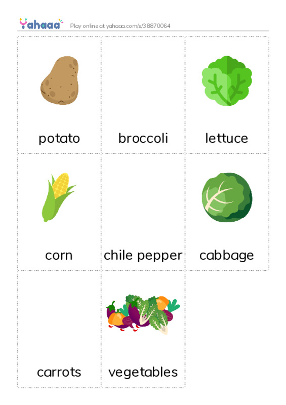 Picture flashcards worksheet for potato, broccoli, lettuce and 5 more