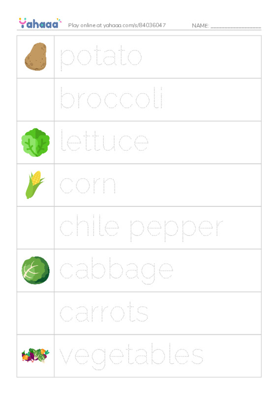 Picture and word rows worksheet for potato, broccoli, lettuce and 5 more