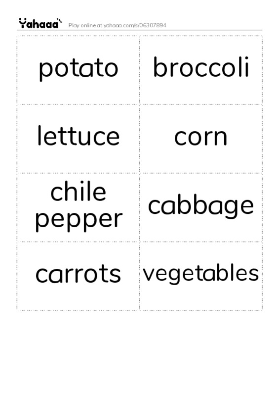 Word flashcards worksheet for potato, broccoli, lettuce and 5 more