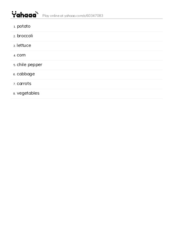 Word list with meanings worksheet for potato, broccoli, lettuce and 5 more