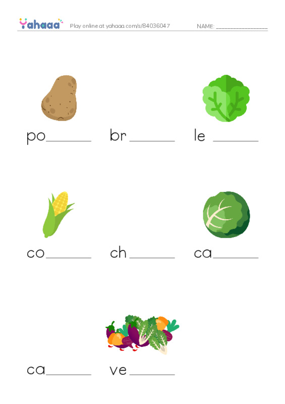 Finish the word worksheet for potato, broccoli, lettuce and 5 more
