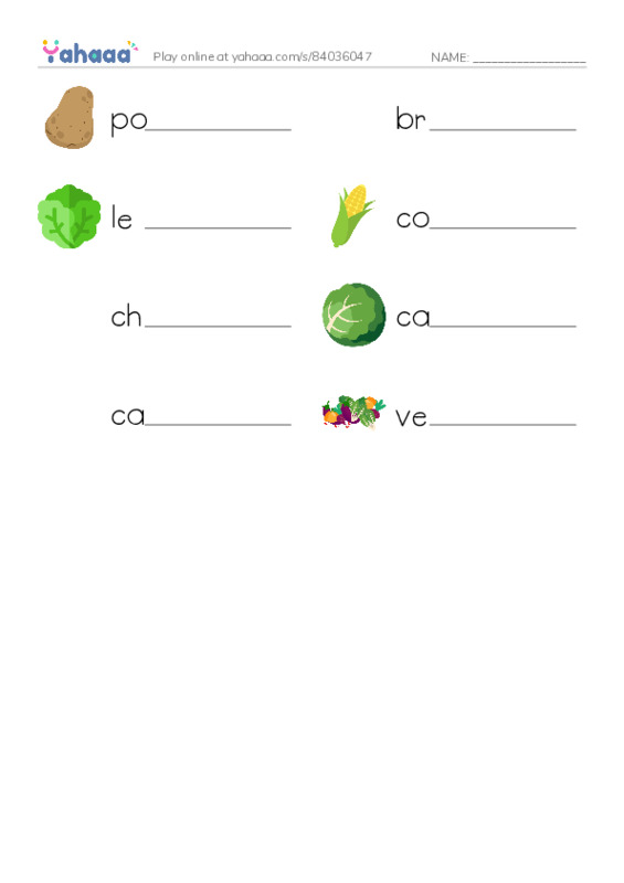 Write the word rows worksheet for potato, broccoli, lettuce and 5 more