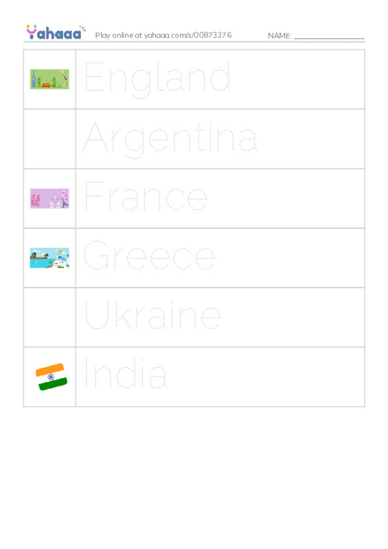 Picture and word rows worksheet for Countries