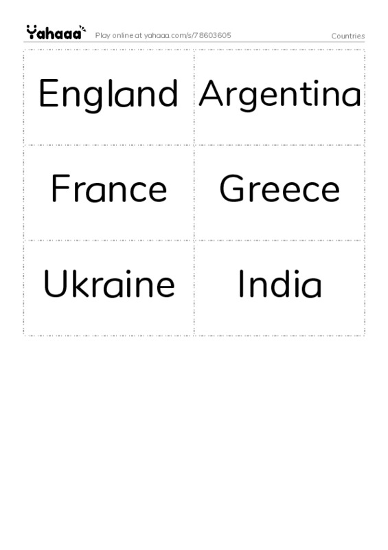 Word flashcards worksheet for Countries