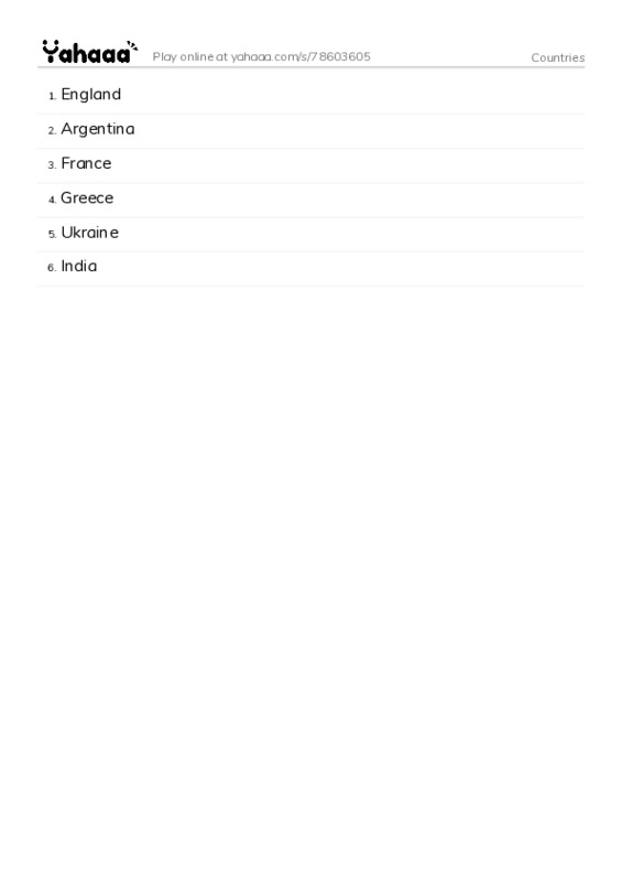 Word list with meanings worksheet for Countries
