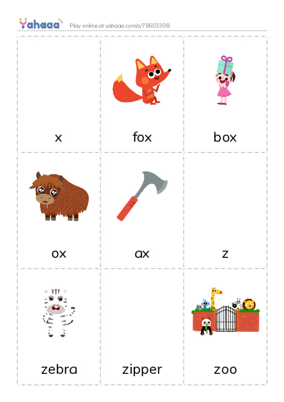 Picture flashcards worksheet for x, fox, box and 7 more