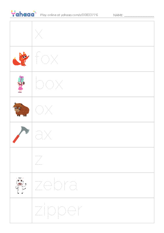 Picture and word rows worksheet for x, fox, box and 7 more