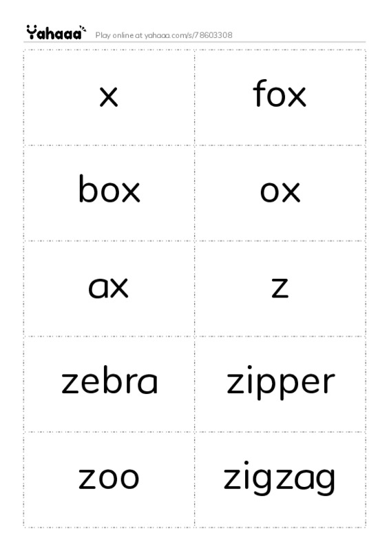 Word flashcards worksheet for x, fox, box and 7 more