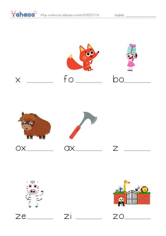 Finish the word worksheet for x, fox, box and 7 more