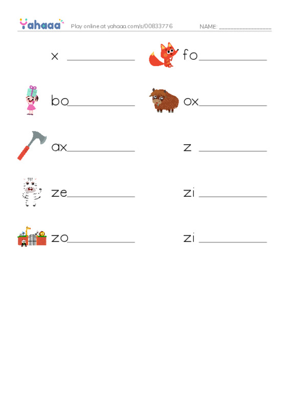 Write the word rows worksheet for x, fox, box and 7 more