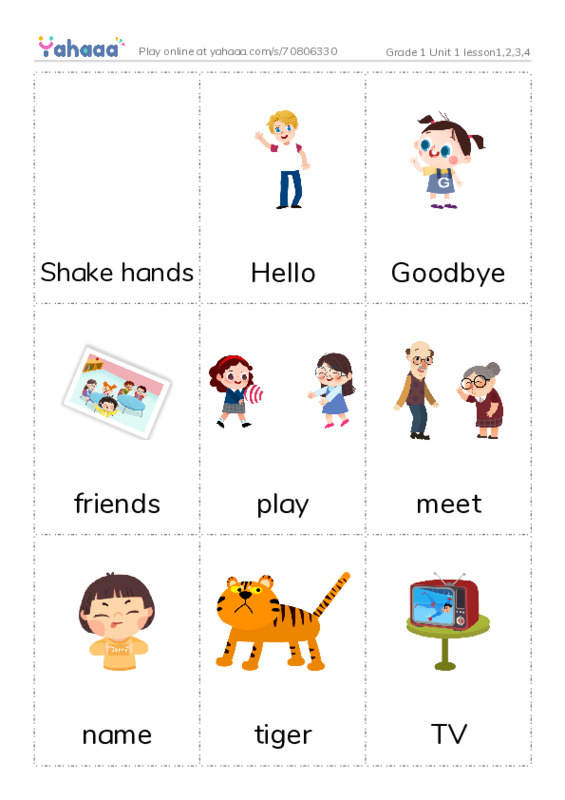 Picture flashcards worksheet for Grade 1 Unit 1 lesson1,2,3,4