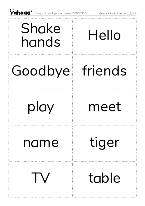 Word flashcards worksheet for Grade 1 Unit 1 lesson1,2,3,4