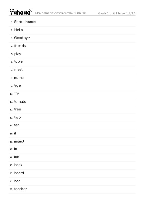 Word list with meanings worksheet for Grade 1 Unit 1 lesson1,2,3,4