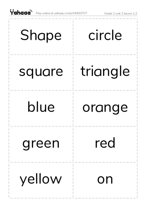 Word flashcards worksheet for Grade 2 unit 2 lesson 1,2