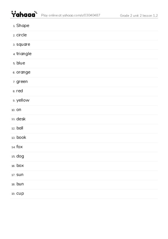 Word list with meanings worksheet for Grade 2 unit 2 lesson 1,2