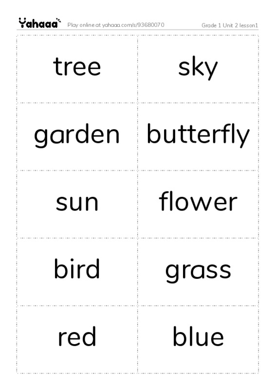 Word flashcards worksheet for Grade 1 Unit 2 lesson1