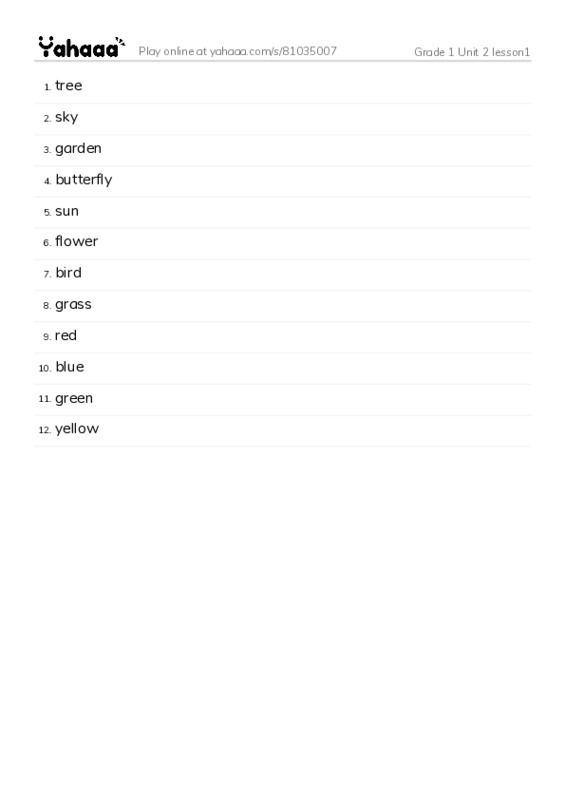Word list with meanings worksheet for Grade 1 Unit 2 lesson1