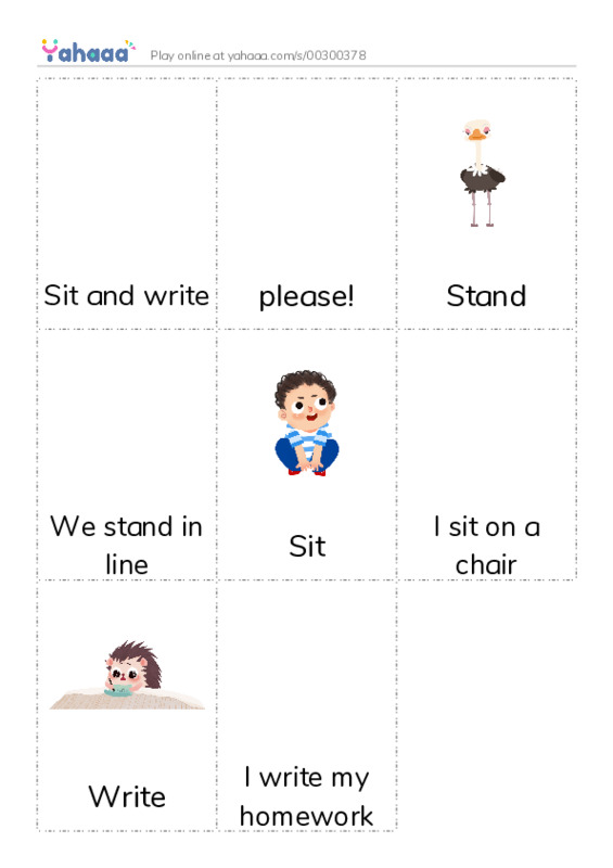 Picture flashcards worksheet for Sit and write, please!, Stand and 5 more