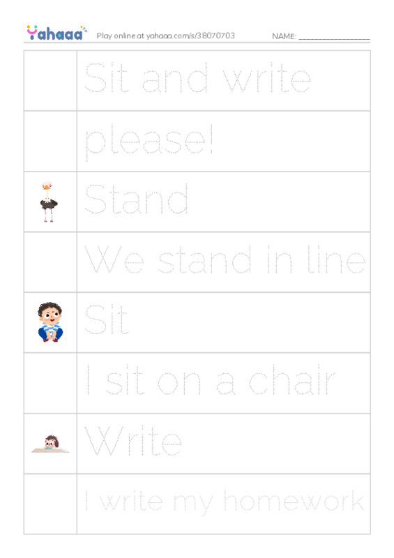Picture and word rows worksheet for Sit and write, please!, Stand and 5 more