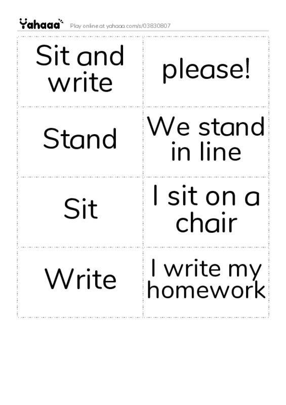 Word flashcards worksheet for Sit and write, please!, Stand and 5 more