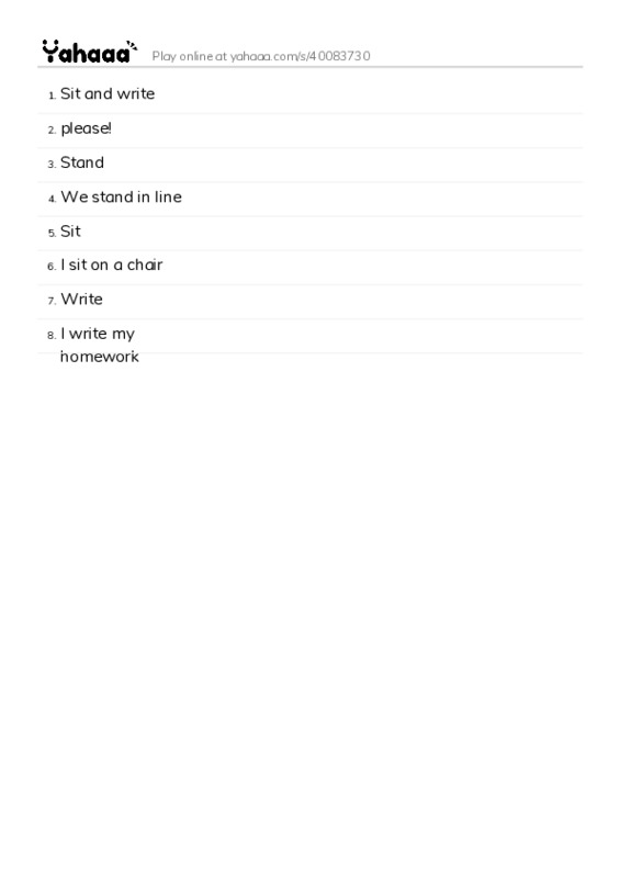 Word list with meanings worksheet for Sit and write, please!, Stand and 5 more