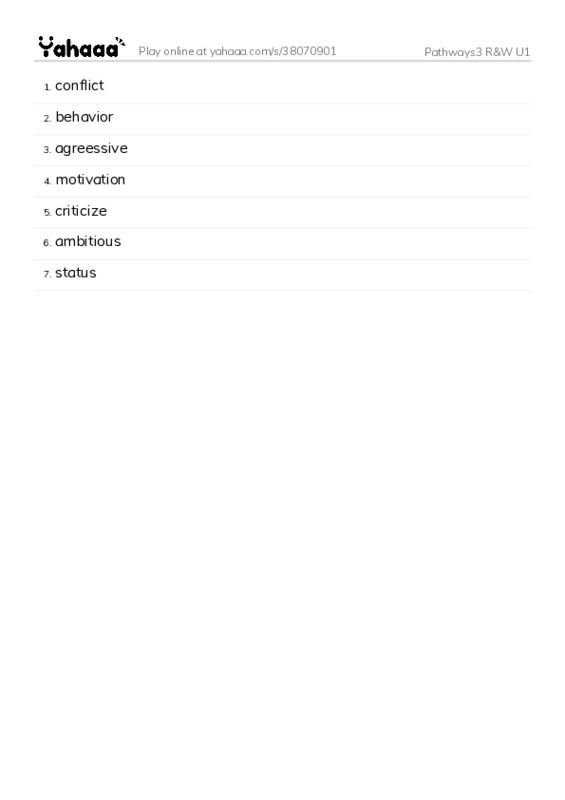 Word list with meanings worksheet for Pathways3 R&W U1