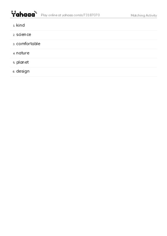 Word list with meanings worksheet for Matching Activity