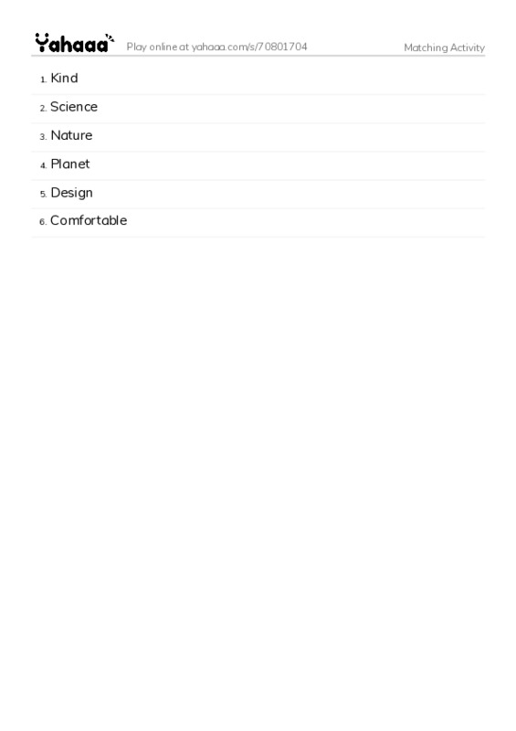 Word list with meanings worksheet for Matching Activity