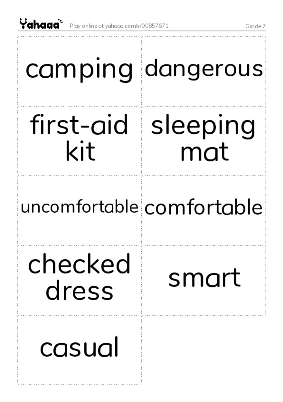Word flashcards worksheet for Grade 7