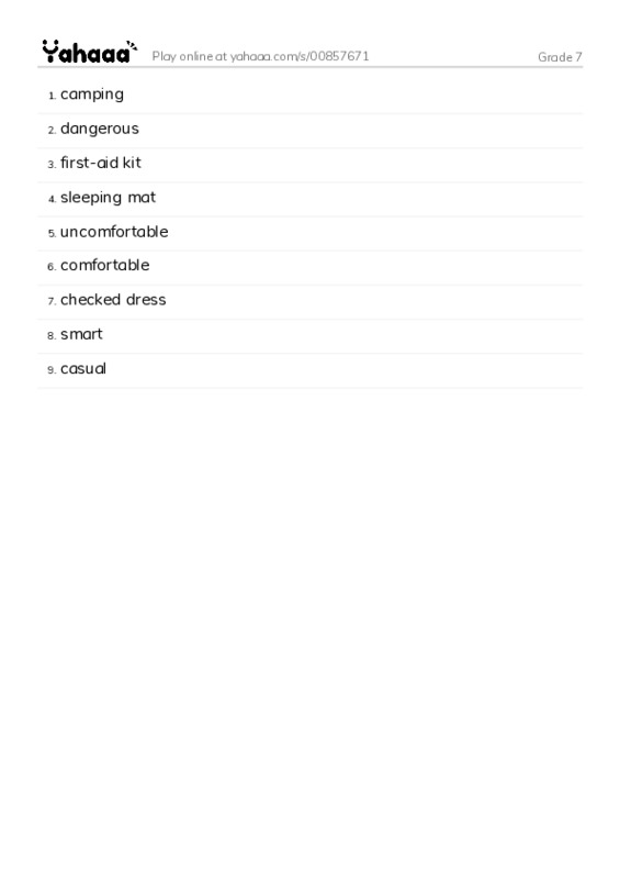 Word list with meanings worksheet for Grade 7