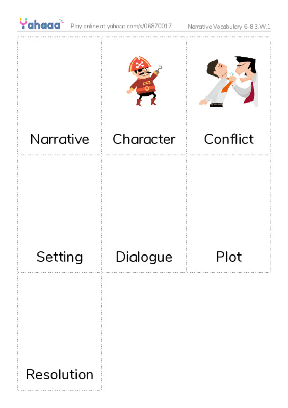 Picture flashcards worksheet for Narrative Vocabulary 6-8 3.W.1