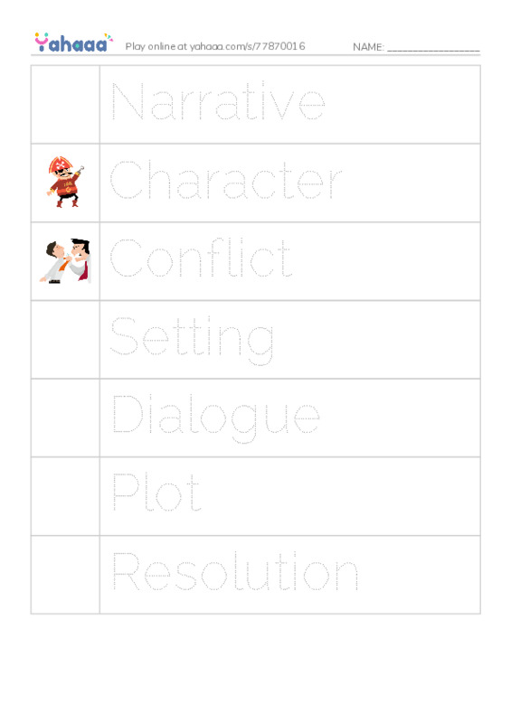 Picture and word rows worksheet for Narrative Vocabulary 6-8 3.W.1
