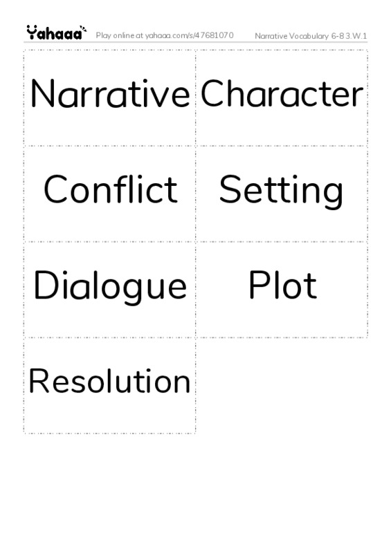 Word flashcards worksheet for Narrative Vocabulary 6-8 3.W.1