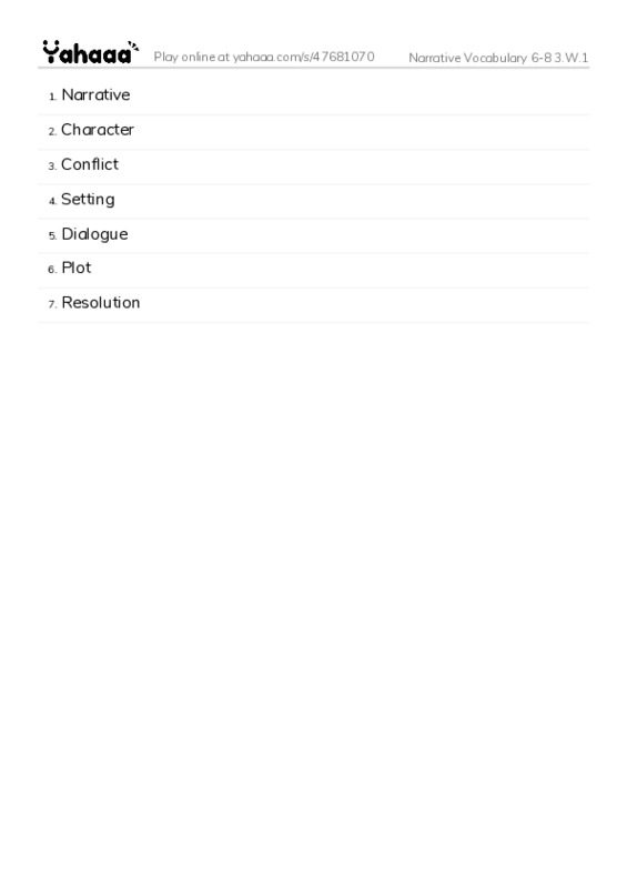 Word list with meanings worksheet for Narrative Vocabulary 6-8 3.W.1