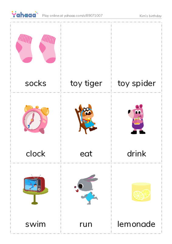 Picture flashcards worksheet for Kim's birthday