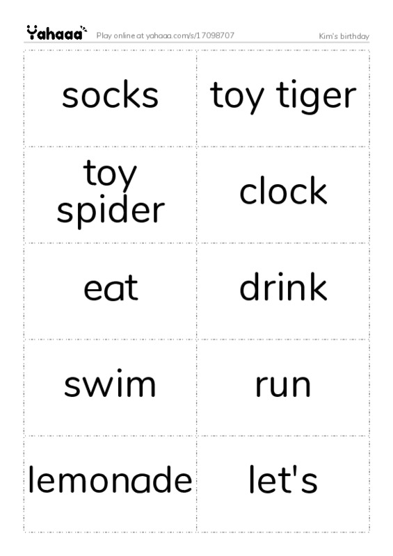 Word flashcards worksheet for Kim's birthday