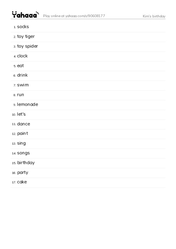 Word list with meanings worksheet for Kim's birthday