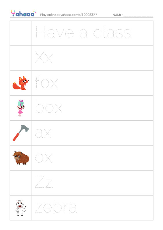 Picture and word rows worksheet for Have a class, Xx, fox and 14 more