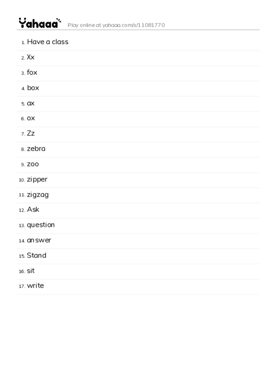 Word list with meanings worksheet for Have a class, Xx, fox and 14 more