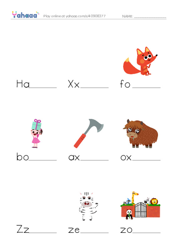 Finish the word worksheet for Have a class, Xx, fox and 14 more