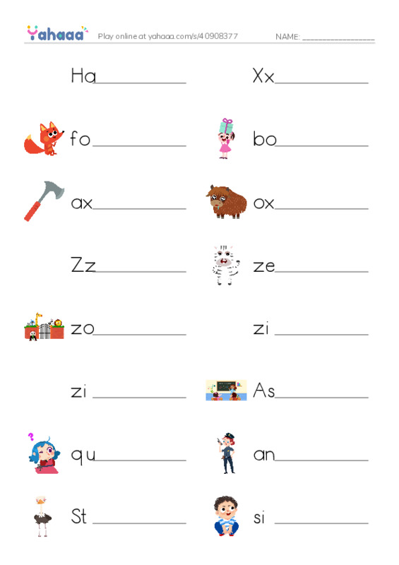 Write the word rows worksheet for Have a class, Xx, fox and 14 more