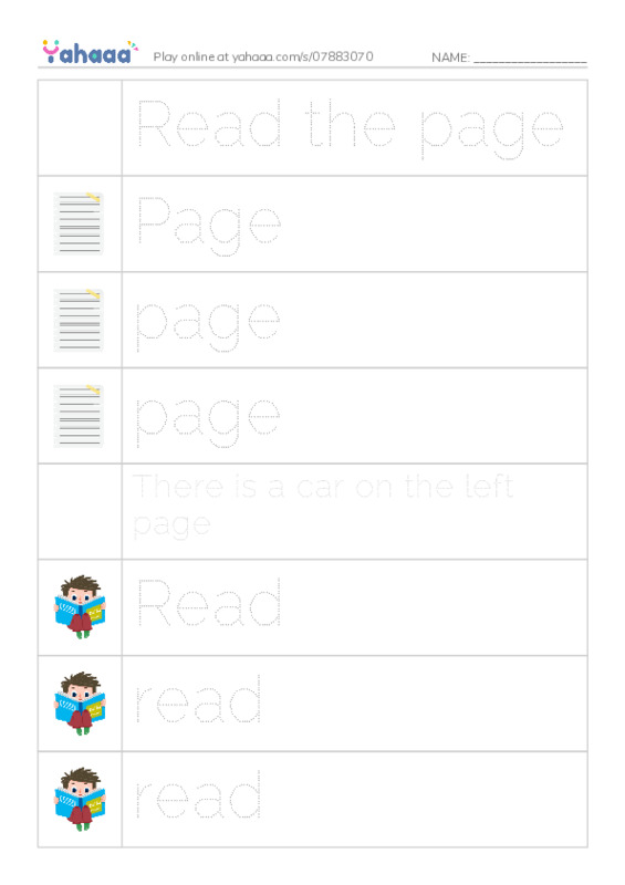 Picture and word rows worksheet for Read the page, Page, page and 10 more