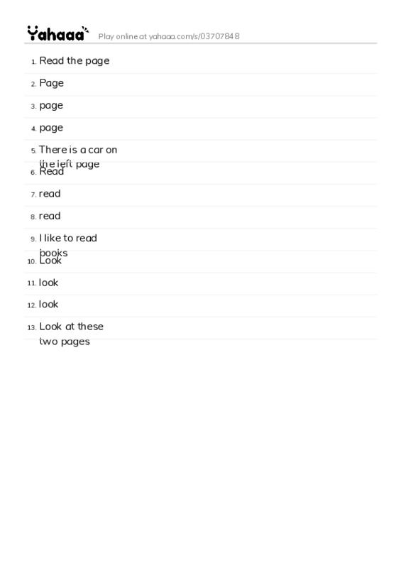 Word list with meanings worksheet for Read the page, Page, page and 10 more