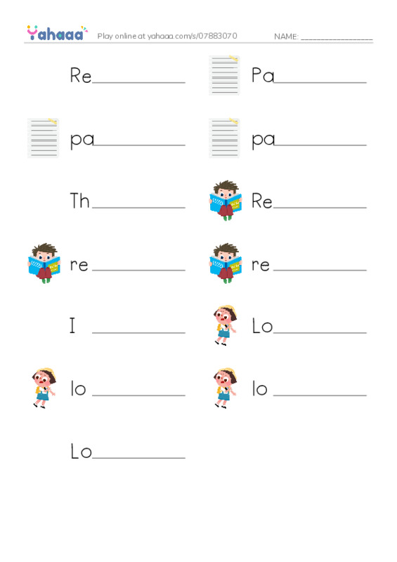 Write the word rows worksheet for Read the page, Page, page and 10 more