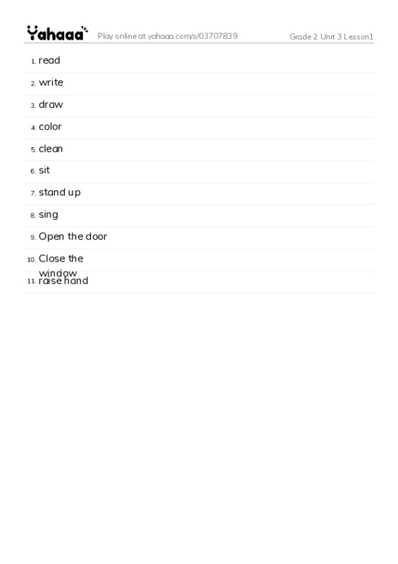 Word list with meanings worksheet for Grade 2 Unit 3 Lesson1