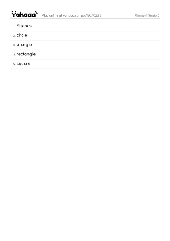 Word list with meanings worksheet for Shaped Grade 2